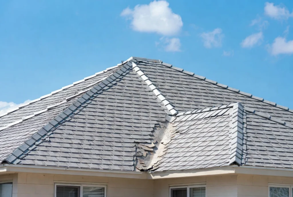Old asbestos roof shingles on a residential home