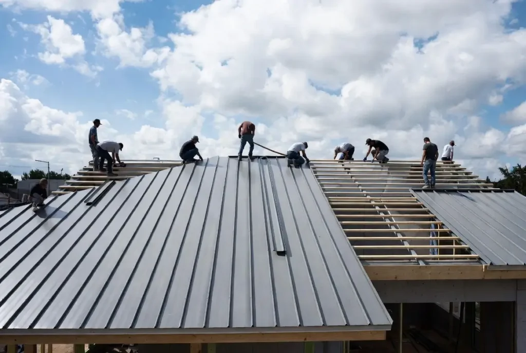 Labor doing work on standing seam metal roof