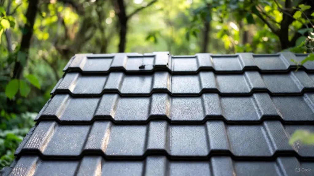 Close-up of black, textured rubber roofing tiles or synthetic shingles, showing the high-dimensional pattern against a sunny, green wooded background.
