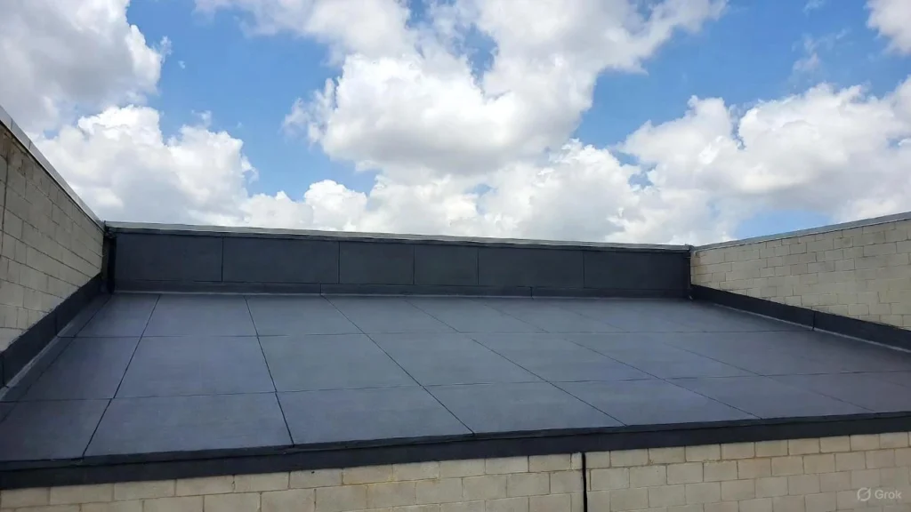 Close-up of EPDM rubber roofing membrane professionally installed on a low-slope structure, showing the durable black material and heat-welded or sealed seams.