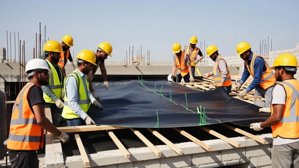 Construction crew working together, preparing to fasten or glue down a large sheet of black membrane while installing EPDM rubber roofing on a commercial structure.
