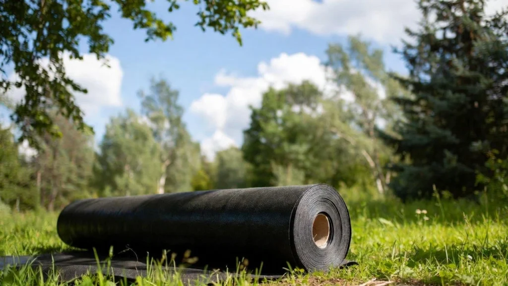 Large roll rubber roofing membrane (likely EPDM) lying unrolled on a grassy field, highlighting the flexible and continuous nature of the material.