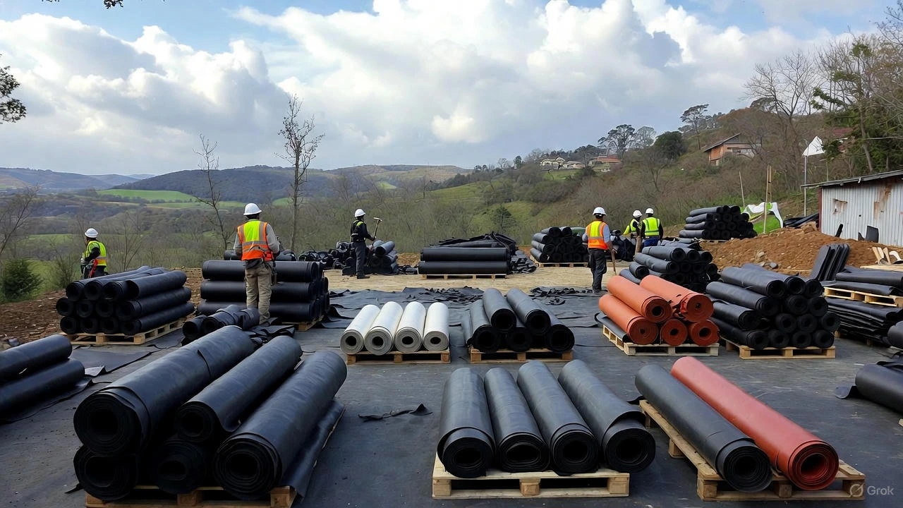 Rolled samples showcasing different rubber roofing materials, including black EPDM, white TPO/PVC, and a granule-surfaced option for low-slope applications.