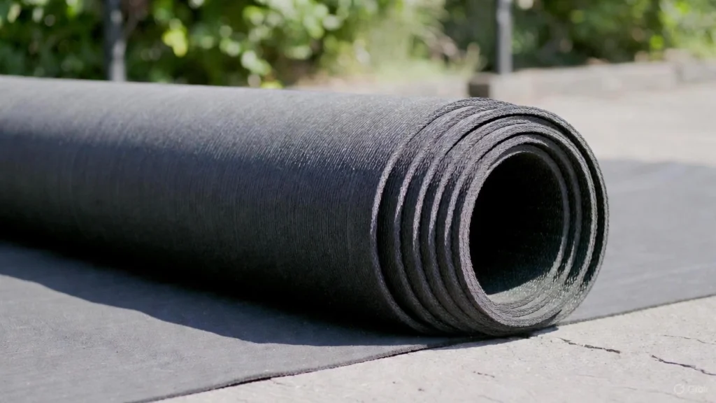 Close-up of a large roll of flexible black rubber roofing membrane unrolled on the ground, ready for installation on a low-slope roof.