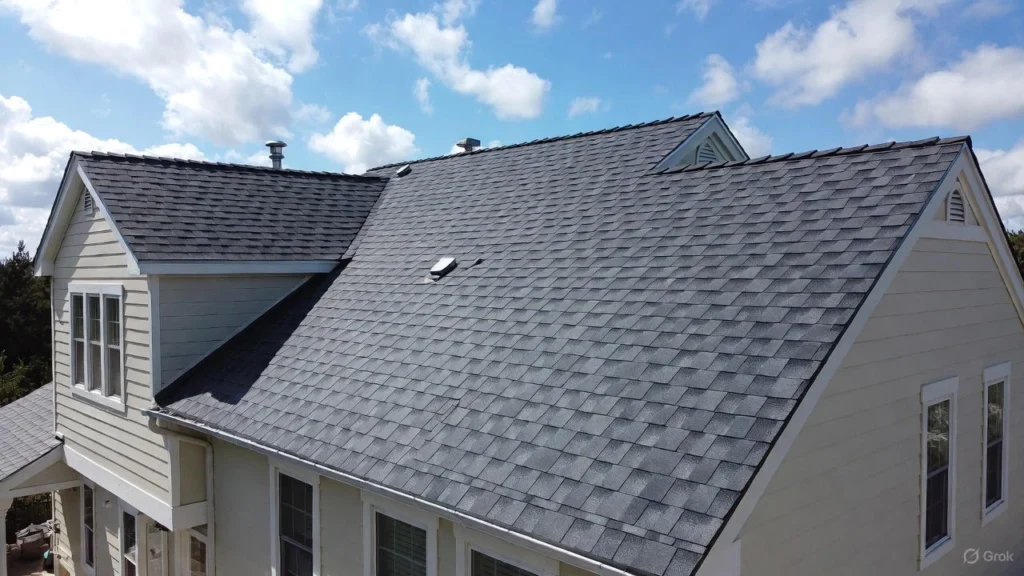 Close-up view of a steeply sloped roof installed with dark gray, multi-layered rubber roofing shingles against a bright blue sky with clouds.