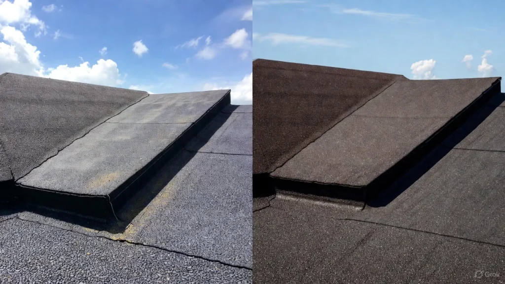 Single-ply Rubber Roofing membrane (like EPDM) used as an example to compare its elasticity and installation method against Modified Bitumen roofing.