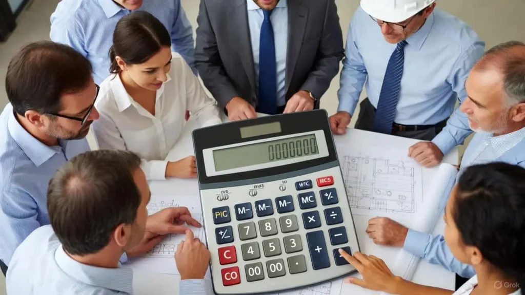 A team of roofing professionals and architects using a standing seam metal roof cost calculator to estimate project expenses while reviewing architectural blueprints.