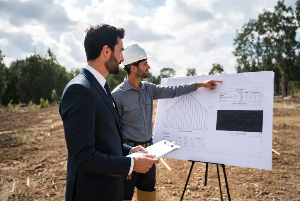 A professional consultant and a contractor reviewing a large blueprint to compare standing seam metal roof cost vs shingle options for a residential building project