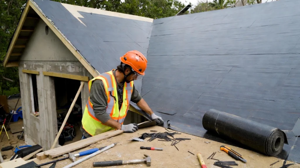 Worker installing rolled black rubber membrane, illustrating the essential tools and materials for DIY rubber roofing, including fasteners, adhesives, and a seam roller.