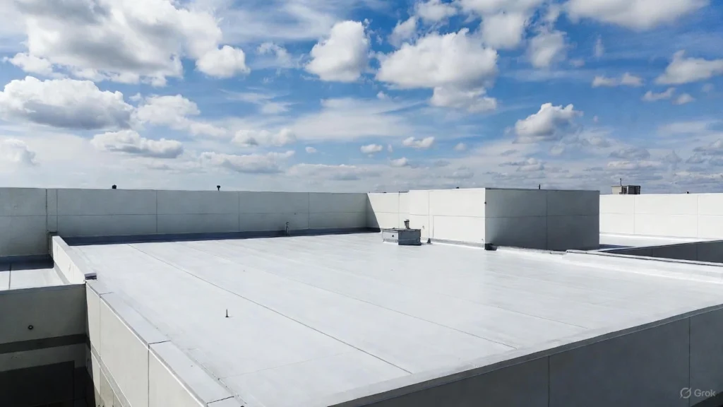 Professional installation of TPO rubber roofing membrane (Thermoplastic Polyolefin) on a low-slope residential structure, featuring the reflective white surface and sealed seams.