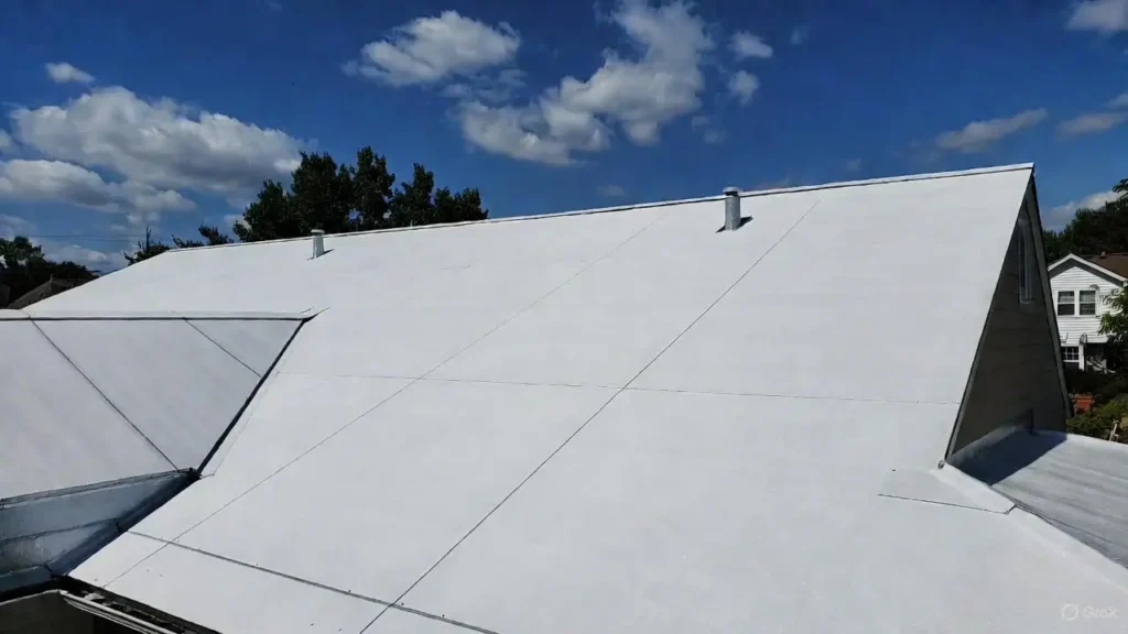 White TPO rubber roofing membrane installed on a low-slope residential roof, showcasing heat-welded seams and chimney vents.