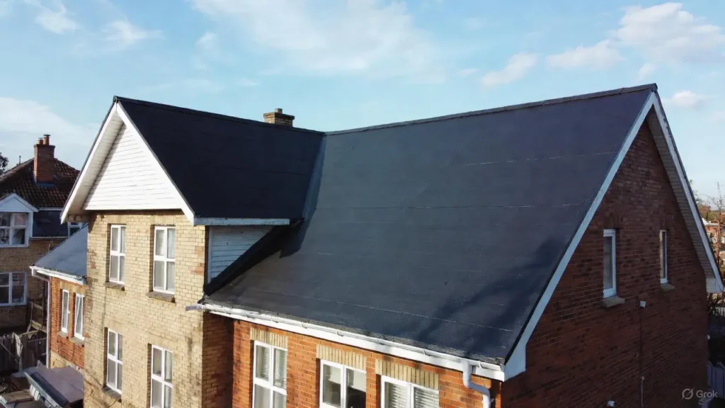 Close-up of waterproof rubber roofing membrane installed on a residential low-slope roof, highlighting the sealed seams, pipe boots, and chimney flashing details.