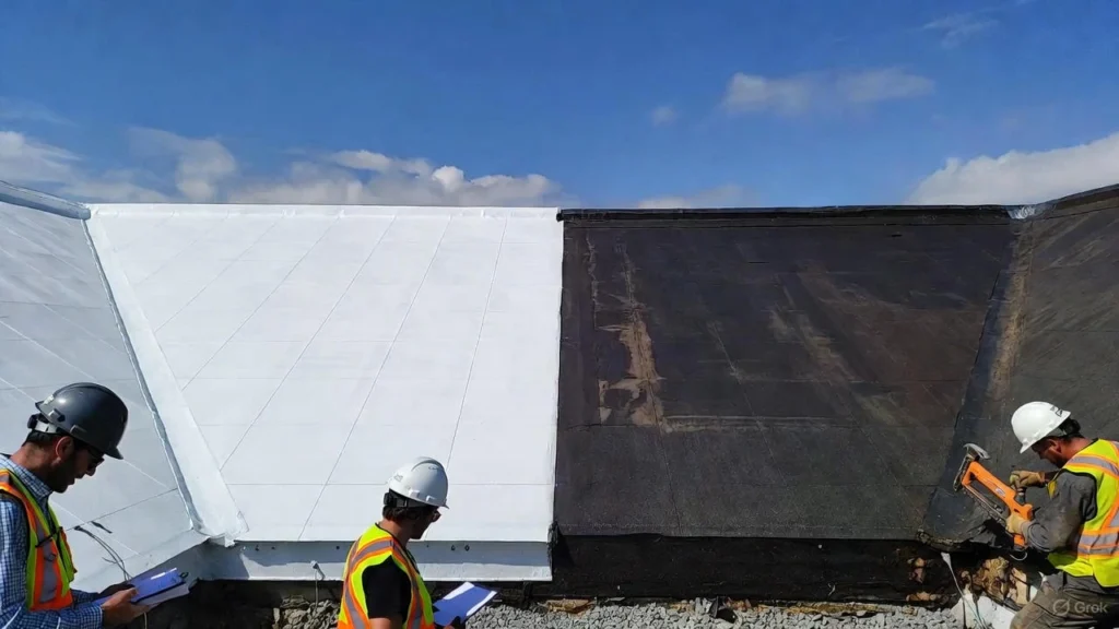 Side-by-side view highlighting the visual difference between white and black rubber roofing, used to illustrate why the two colors are functionally white and black rubber roofing different.