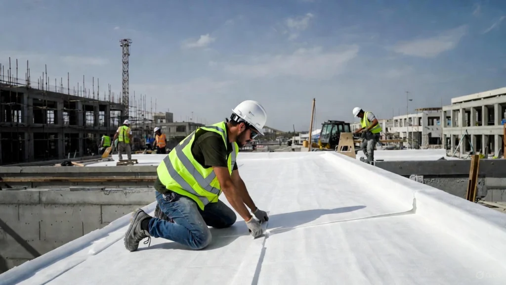Wide view of a large, flat commercial building featuring a highly reflective White Rubber Roofing membrane (TPO or PVC) designed to maximize energy efficiency.