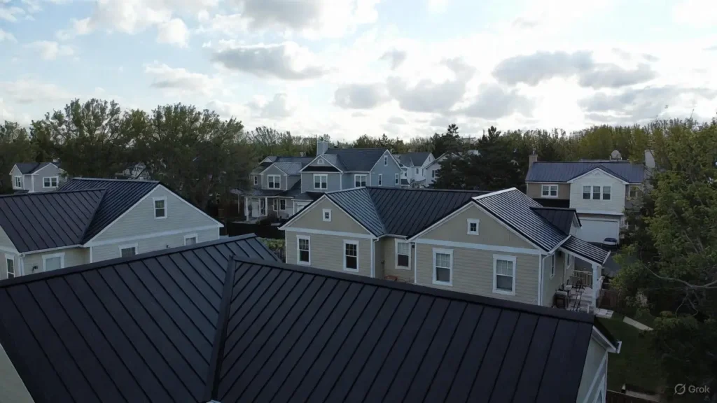 An aerial view of a residential neighborhood featuring multiple homes with a sleek black standing seam metal roof, showcasing the uniform vertical ribs and modern aesthetic under a cloudy sky