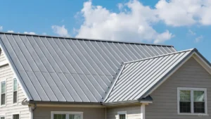 A close-up view of light grey standing seam metal roof panels installed on a modern home, highlighting the clean vertical lines and concealed fastener system.