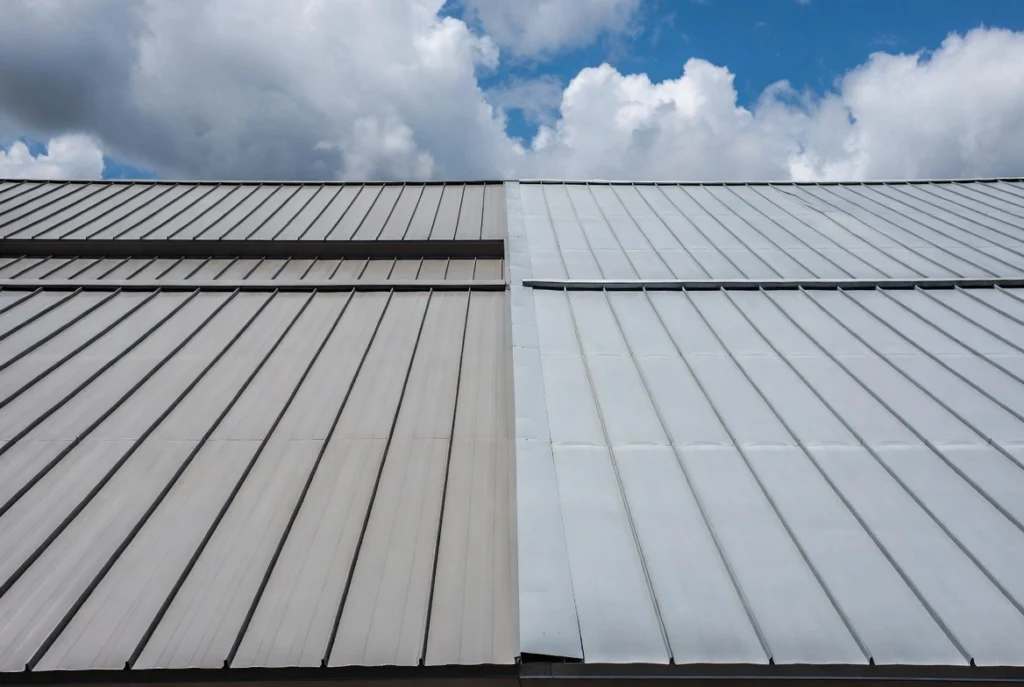 A side-by-side comparison of standing seam metal roof panels in tan and light grey finishes, showcasing the clean vertical ribs and weather-resistant surface."