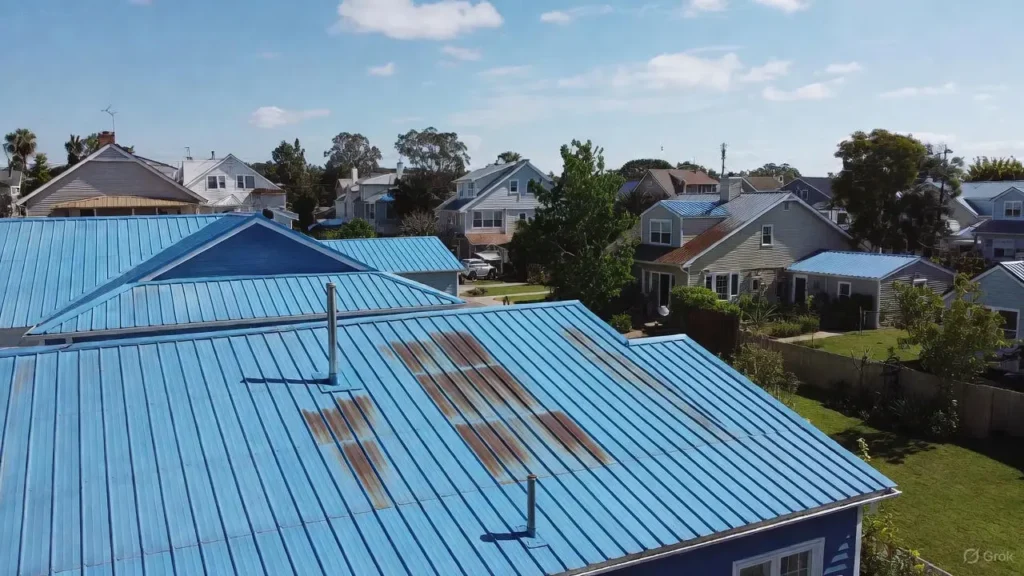 An elevated view of several coastal-style homes featuring a bright blue standing seam metal roof, with one section showing natural weathering over the vertical ribs.